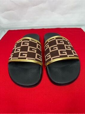 Gucci Sandals Pursuit 72 Knit Slide Brown Gold GG Monogram Sandal Black 12